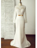 Long Sleeves Ivory Lace Satin Simple Elegant Wedding Dress